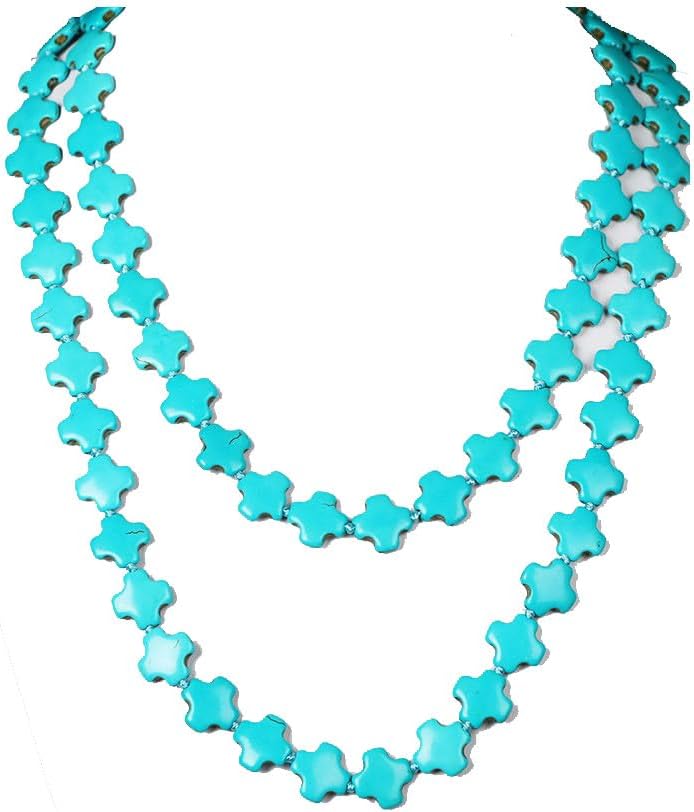 QS Long Turquoise Necklace Round Stone Beads Chunky Fashion Jewelry for Women cross Necklace Multi Meditation necklace 47.5inch - Image 1